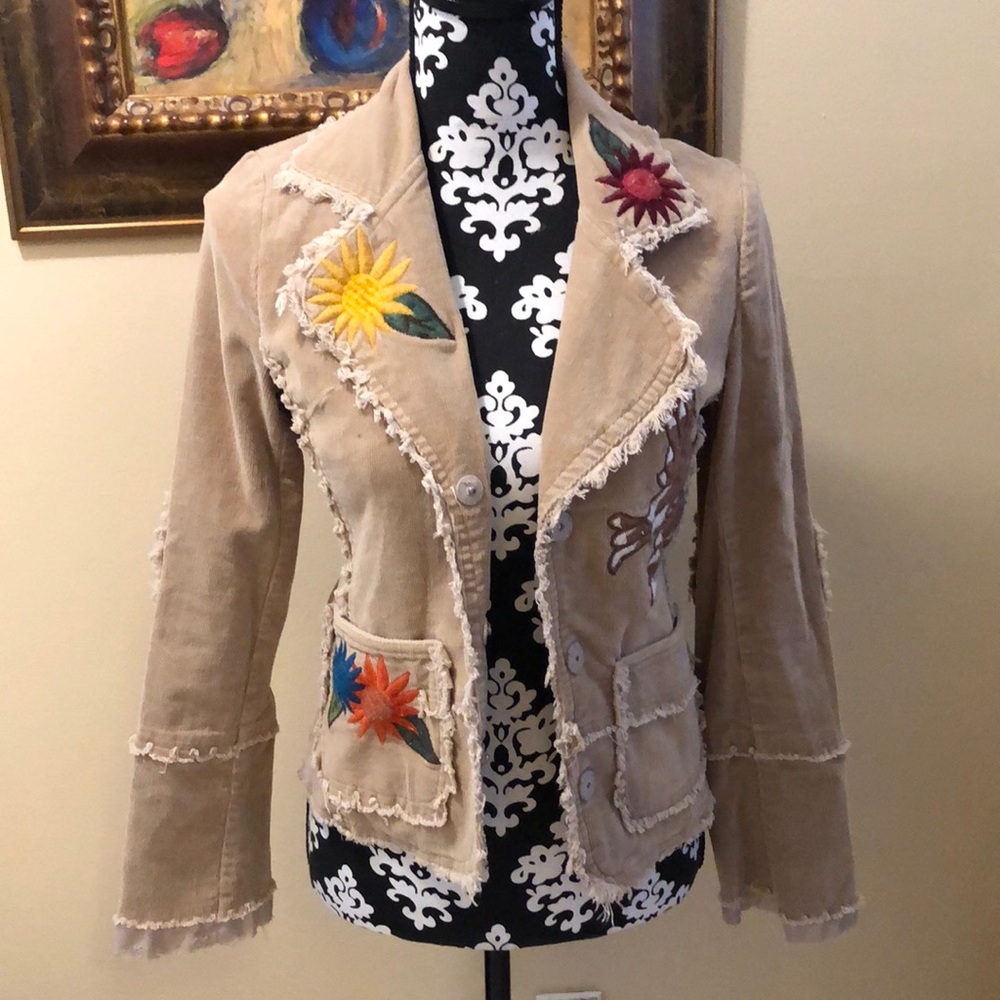 🌻Wet Seal Corduroy embroidered bohemian fringe snap close eyelet lined jacket - Picture 1 of 16